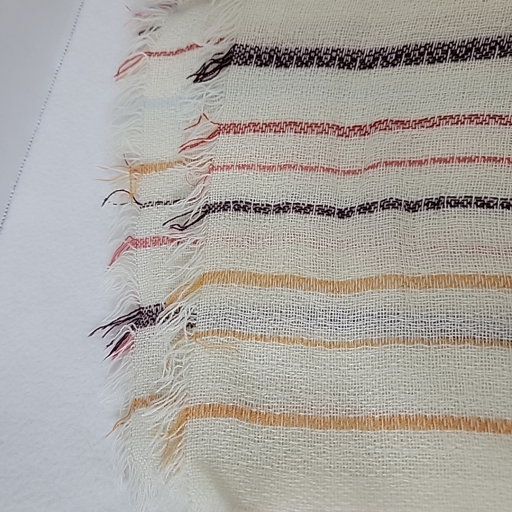 World Market Women's Ivory Red Brown Yellow Striped W/ Fringe Accent Scarf - Picture 3 of 6